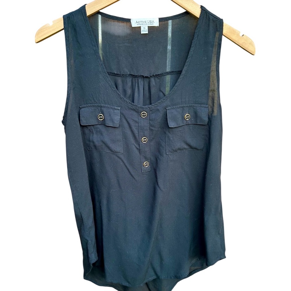 Black Semi Sheer Shirt Sleeveless Buttoned Tank Top Sz. Small